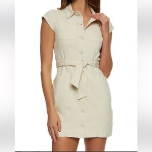 Cream Button-Up Dress with Belt
